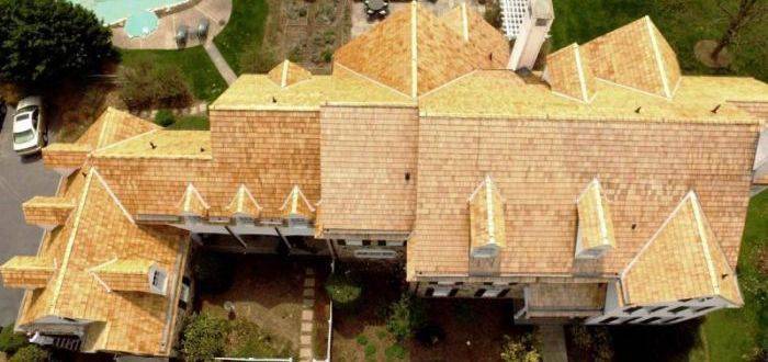 Top view of house with wood shake roofing